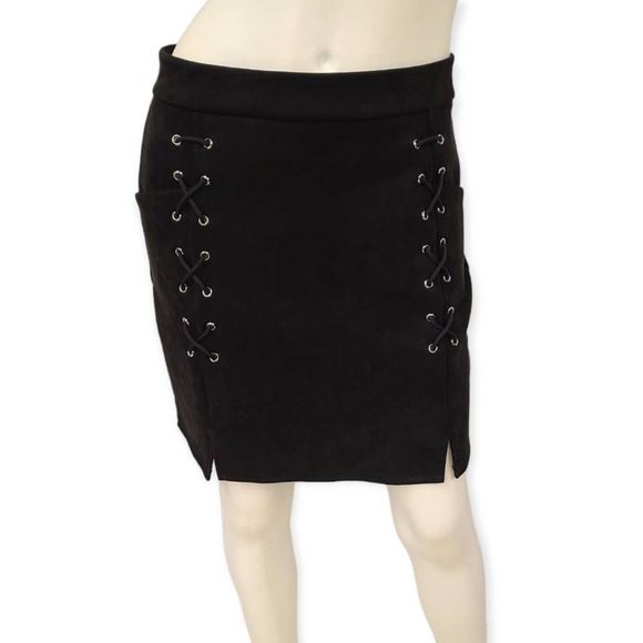 Black Faux Suede Lace Up Mini Skirt XL - Picture 4 of 9